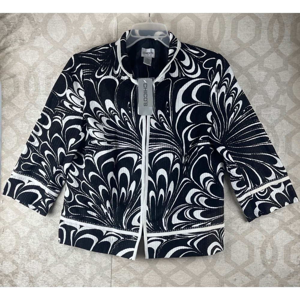 Chico's Abstract Swirl Blazer Womens 1 Medium Black White Open Front Jacket